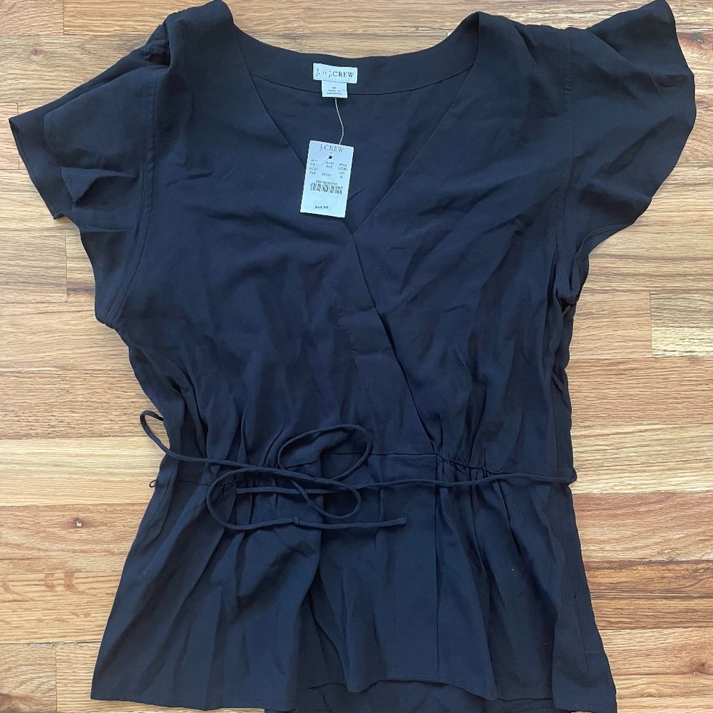 J. Crew Flutter-Sleeve Faux Wrap Top Blouse Size 8 Black Tie-Waist NWT
